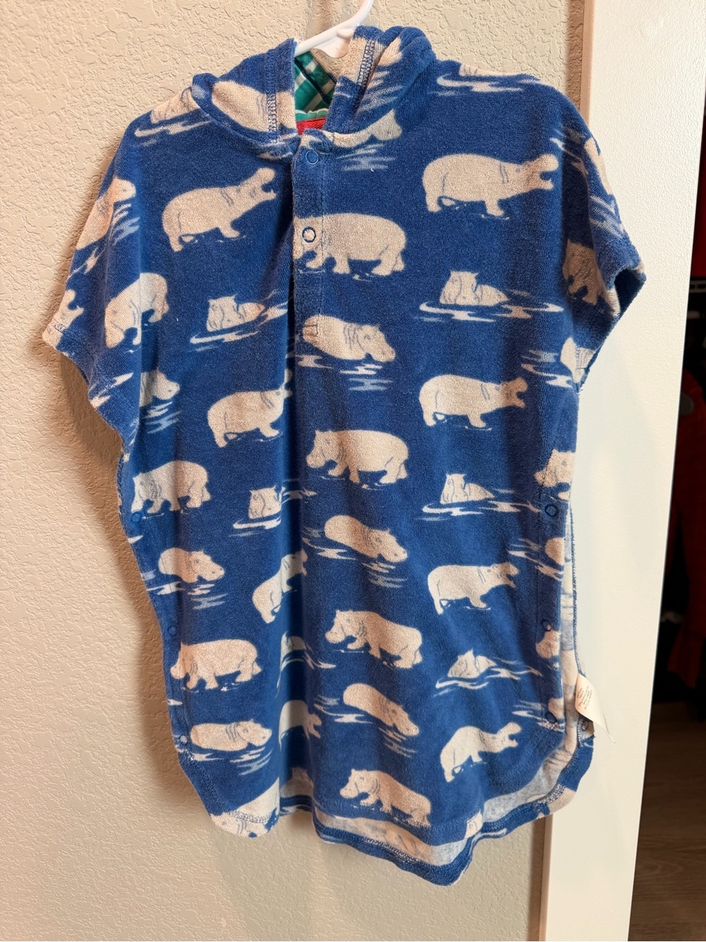 Baby Boden Blue Hooded Hippo Print Poncho